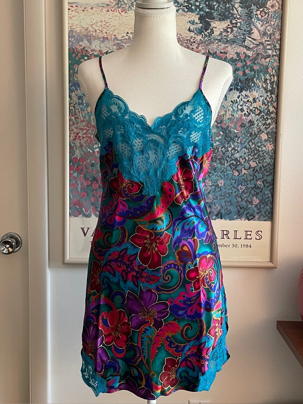 Victoria's Secret Gold Label Y2K Satin Floral Lace Slip Dress Teal Paisley Fairy